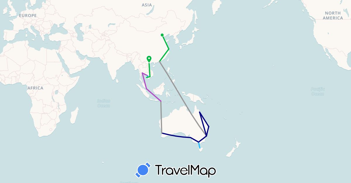 TravelMap itinerary: driving, bus, plane, train, boat in Australia, China, Hong Kong, Indonesia, Cambodia, Singapore, Thailand, Vietnam (Asia, Oceania)